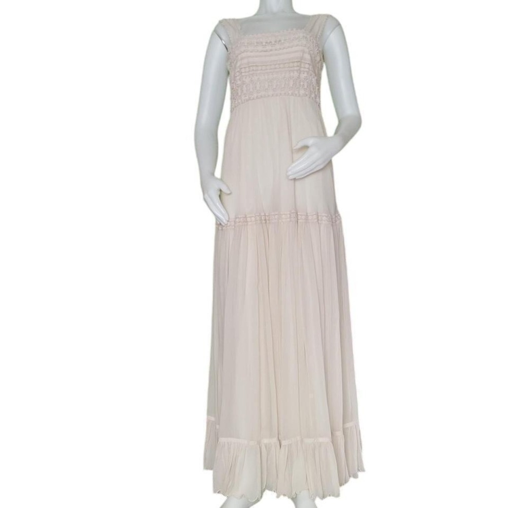 NWT‎ Simona Barbieri Cream Lace Tiered Maxi Dress Boho Sleeveless Square Neck